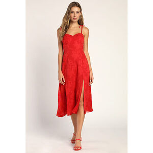 Lulus Loveliest Looks Red Floral Jacquard Tie-strap Midi Dress - Size XS